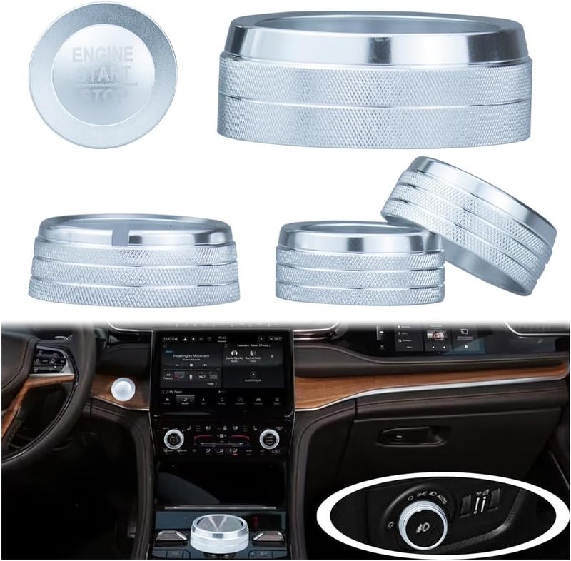 HDUFC for Jeep 2022-2025 Grand Cherokee/Grand Cherokee 4xe/Grand Cherokee L car interior 6-piece set, shift switch, air conditioning adjustment, headlight switch knob, start button cover/ring (Silver) - Image 1